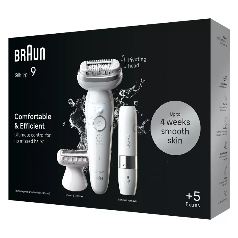 Epiliatorius BRAUN Silk-épil 9 SES9-341 — 40 pincetų, šlapias ir sausas, 50 min baterija, 2 greičiai, baltas