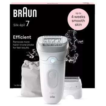 Epiliatorius BRAUN Silk-épil 7 7-041 – belaidis šlapiam ir sausam naudojimui su MicroGrip, masažo funkcija, skustuvu ir bikini trimmeriu, pilka/balta