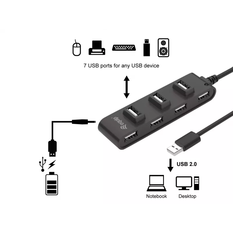 Equip 7-Port USB 2.0 Hub, 7x USB 2.0, 480 Mbit/s, juoda