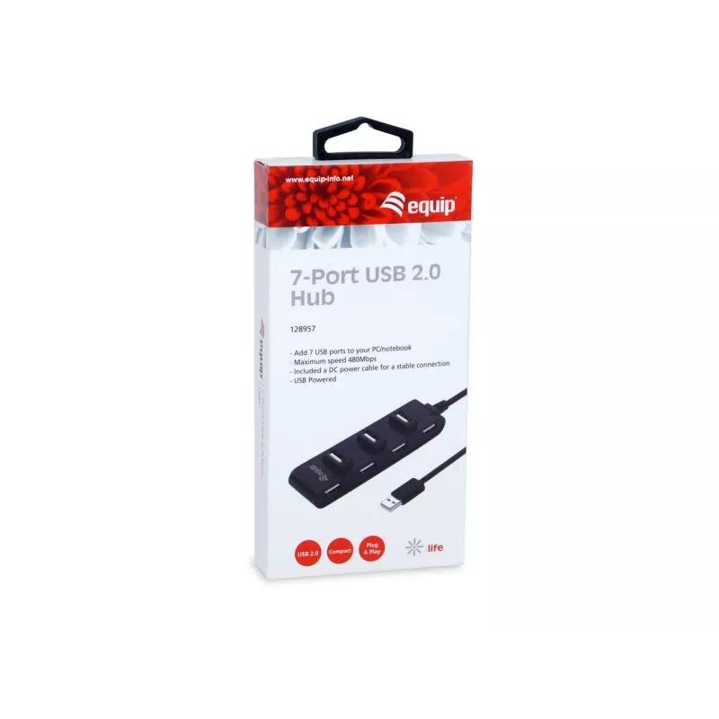 Equip 7-Port USB 2.0 Hub, 7x USB 2.0, 480 Mbit/s, juoda