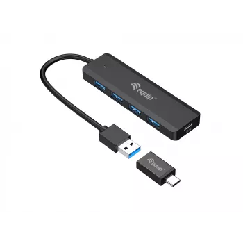 4 prievadų USB 3.2 Gen 1 šakotuvas Equip su USB-C adapteriu, juodas, 5000 Mbit/s