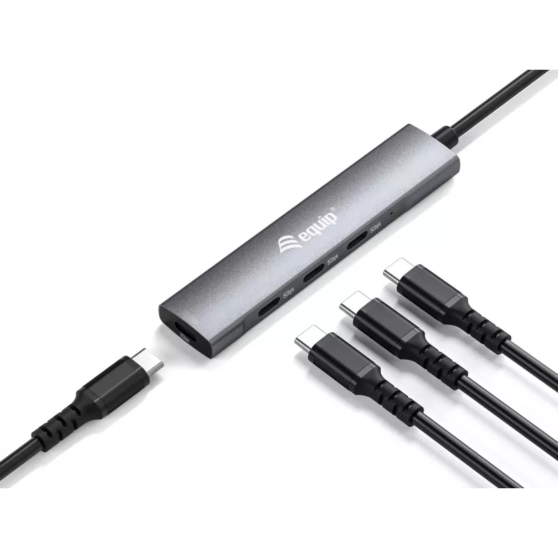 Equip USB-C 4 prievadų USB 3.2 Gen 1 šakotuvas, USB 3.2 Gen 1 (3.1 Gen 1) Type-C, 5000 Mbit/s, juodas, sidabrinis, aliuminis, 0,15 m