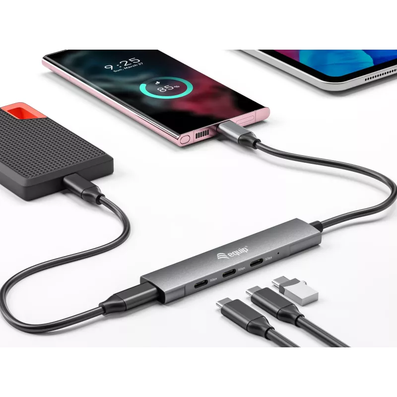 Equip USB-C 4 prievadų USB 3.2 Gen 1 šakotuvas, USB 3.2 Gen 1 (3.1 Gen 1) Type-C, 5000 Mbit/s, juodas, sidabrinis, aliuminis, 0,15 m