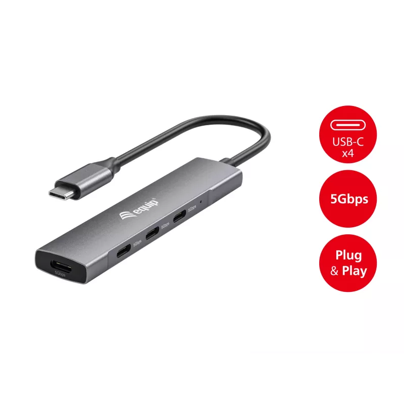 Equip USB-C 4 prievadų USB 3.2 Gen 1 šakotuvas, USB 3.2 Gen 1 (3.1 Gen 1) Type-C, 5000 Mbit/s, juodas, sidabrinis, aliuminis, 0,15 m