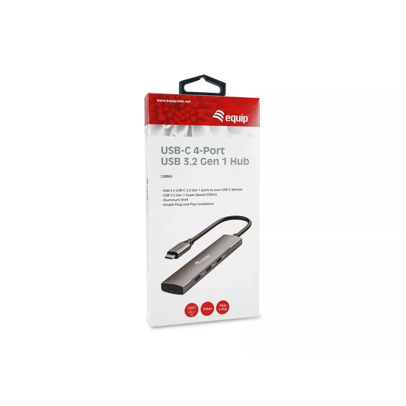 Equip USB-C 4 prievadų USB 3.2 Gen 1 šakotuvas, USB 3.2 Gen 1 (3.1 Gen 1) Type-C, 5000 Mbit/s, juodas, sidabrinis, aliuminis, 0,15 m