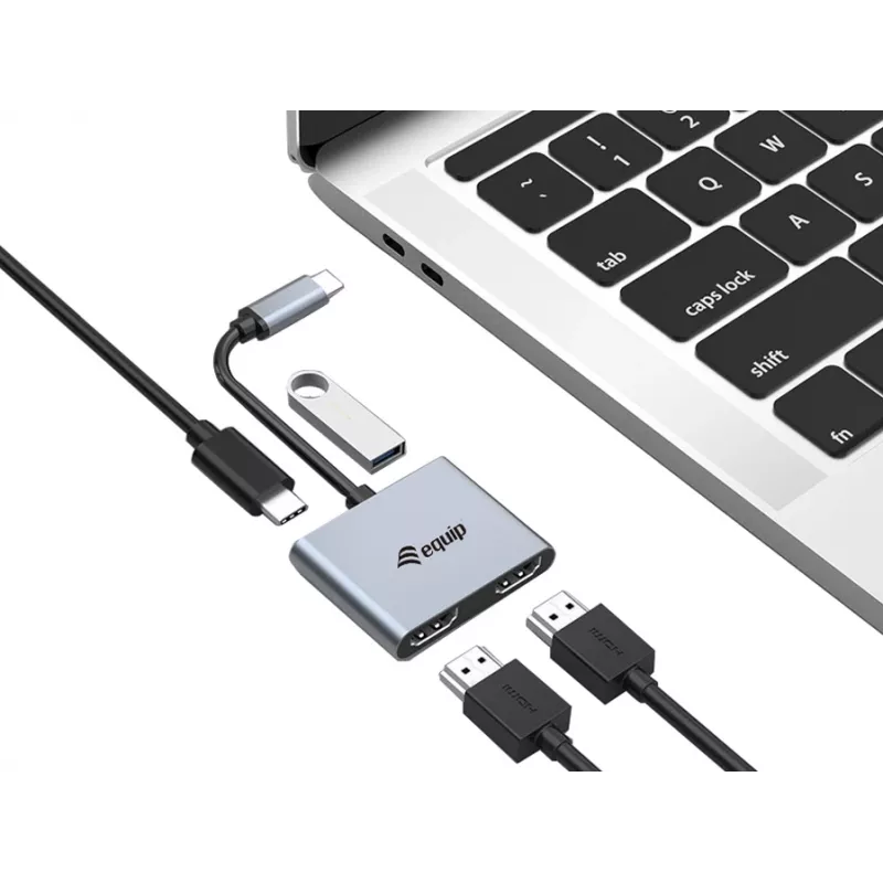 Equip USB-C 4 in 1 Dual HDMI adapteris, USB 3.2 Gen 1 (3.1 Gen 1) Type-C, sidabrinis, 4K Ultra HD, 30 Hz, HDMI, aliuminis
