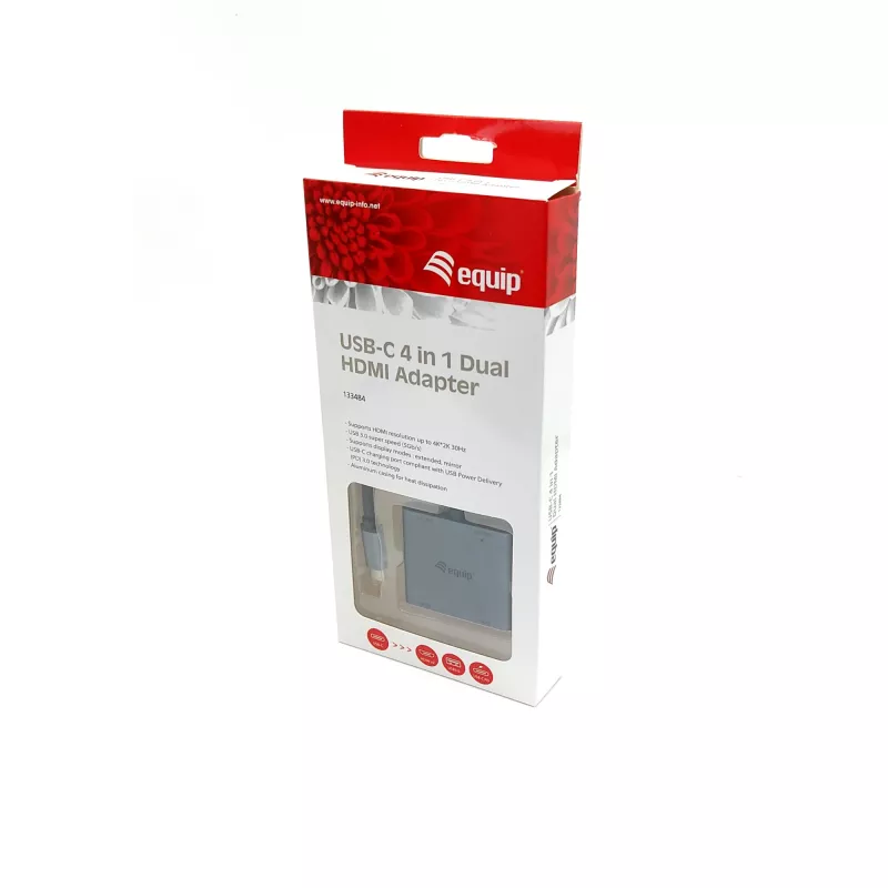 Equip USB-C 4 in 1 Dual HDMI adapteris, USB 3.2 Gen 1 (3.1 Gen 1) Type-C, sidabrinis, 4K Ultra HD, 30 Hz, HDMI, aliuminis
