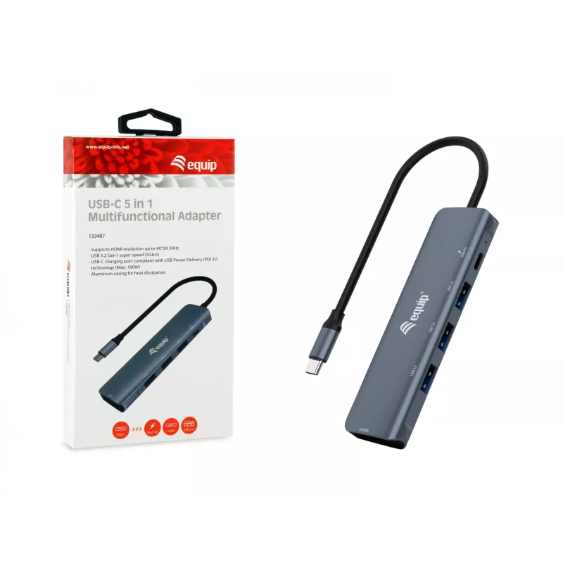 Equip USB-C 5 viename daugiafunkcis adapteris, HDMI, USB 3.2 GEN1, 100W USB PD
