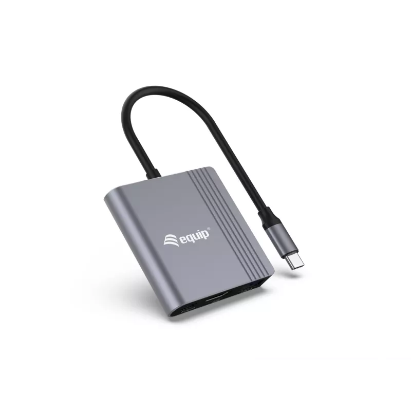 Equip 133488 3 viename USB-C į HDMI / USB-A / USB PD adapteris, USB 3.2 Gen 1 (3.1 Gen 1), 4K/60 Hz, 100 W PD, aliuminis, juodas/pilkas