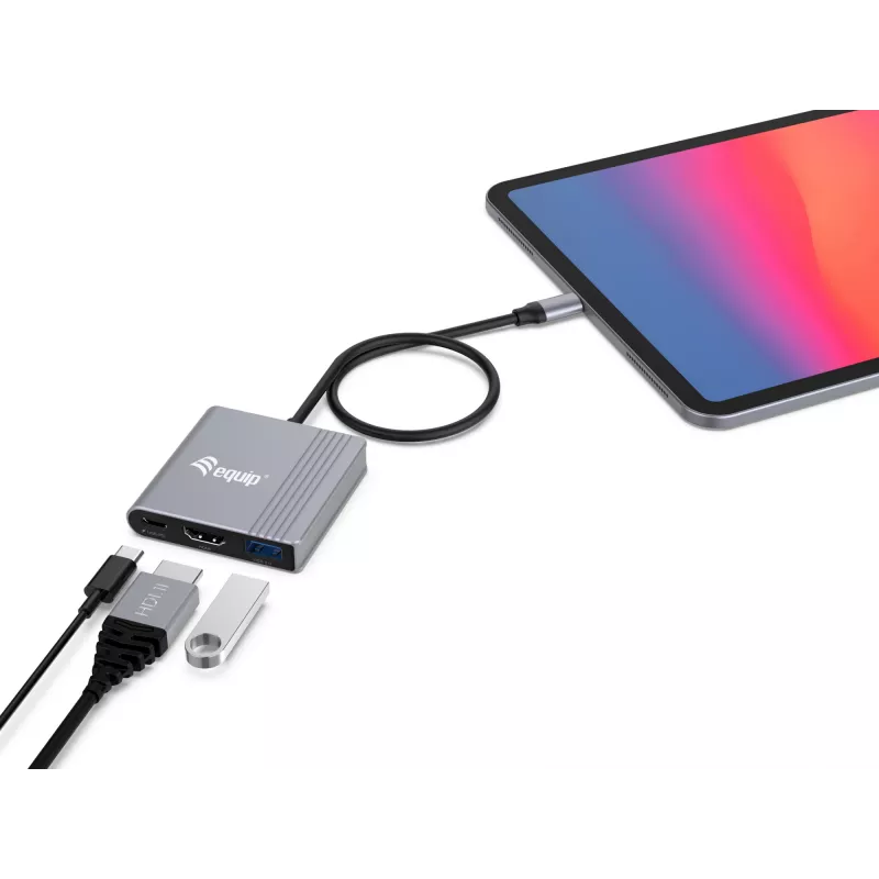 Equip 133488 3 viename USB-C į HDMI / USB-A / USB PD adapteris, USB 3.2 Gen 1 (3.1 Gen 1), 4K/60 Hz, 100 W PD, aliuminis, juodas/pilkas