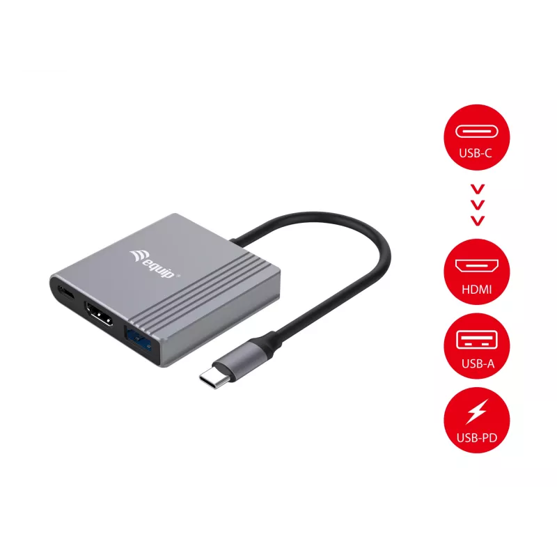 Equip 133488 3 viename USB-C į HDMI / USB-A / USB PD adapteris, USB 3.2 Gen 1 (3.1 Gen 1), 4K/60 Hz, 100 W PD, aliuminis, juodas/pilkas
