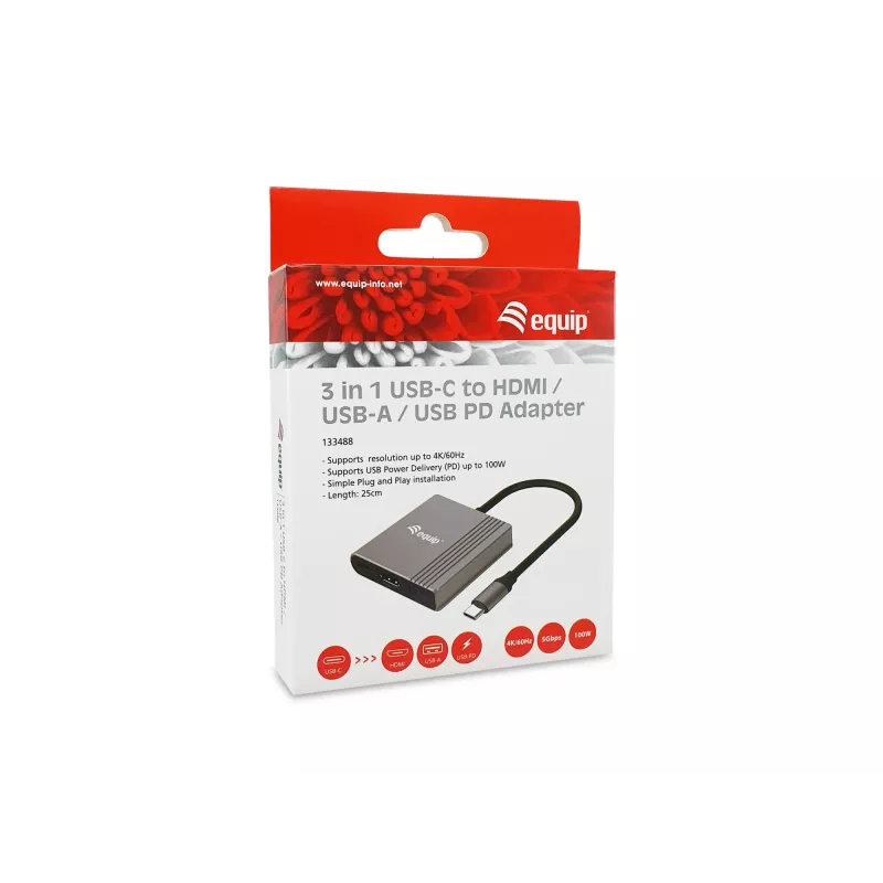 Equip 133488 3 viename USB-C į HDMI / USB-A / USB PD adapteris, USB 3.2 Gen 1 (3.1 Gen 1), 4K/60 Hz, 100 W PD, aliuminis, juodas/pilkas