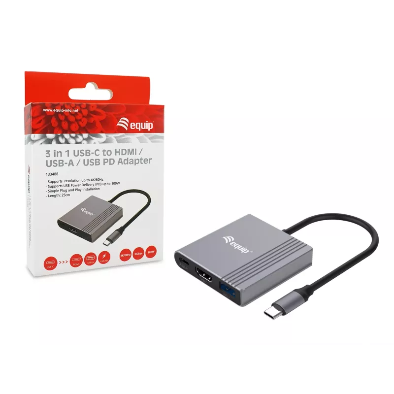 Equip 133488 3 viename USB-C į HDMI / USB-A / USB PD adapteris, USB 3.2 Gen 1 (3.1 Gen 1), 4K/60 Hz, 100 W PD, aliuminis, juodas/pilkas