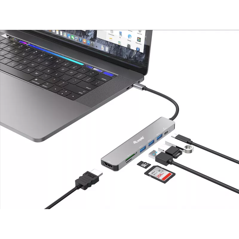 Equip USB-C 7-in-1 Multifunkcinis adapteris, HDMI 4K/60Hz, USB 3.2 Gen1 x 3, TF/MICRO SD, 100W USB PD