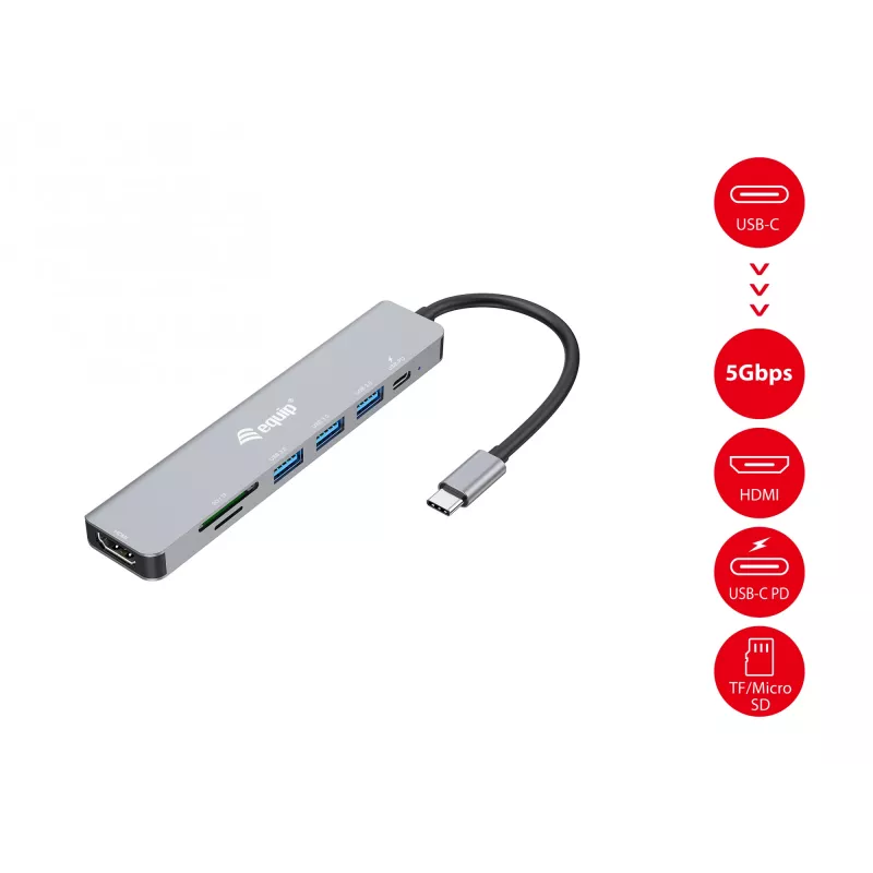 Equip USB-C 7-in-1 Multifunkcinis adapteris, HDMI 4K/60Hz, USB 3.2 Gen1 x 3, TF/MICRO SD, 100W USB PD