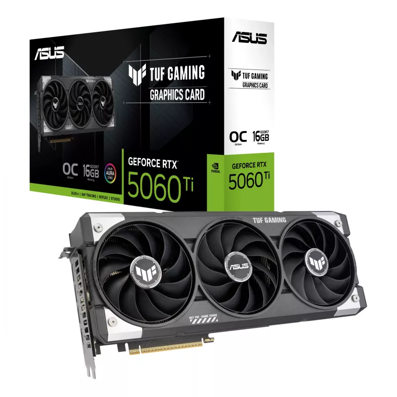 Vaizdo plokštė ASUS GeForce RTX 5060 Ti — 16 GB GDDR7, PCIe 5.0, 128 bit, 3xDP 2.1b + 1xHDMI 2.1b, 302 mm, 3 ventiliatoriai