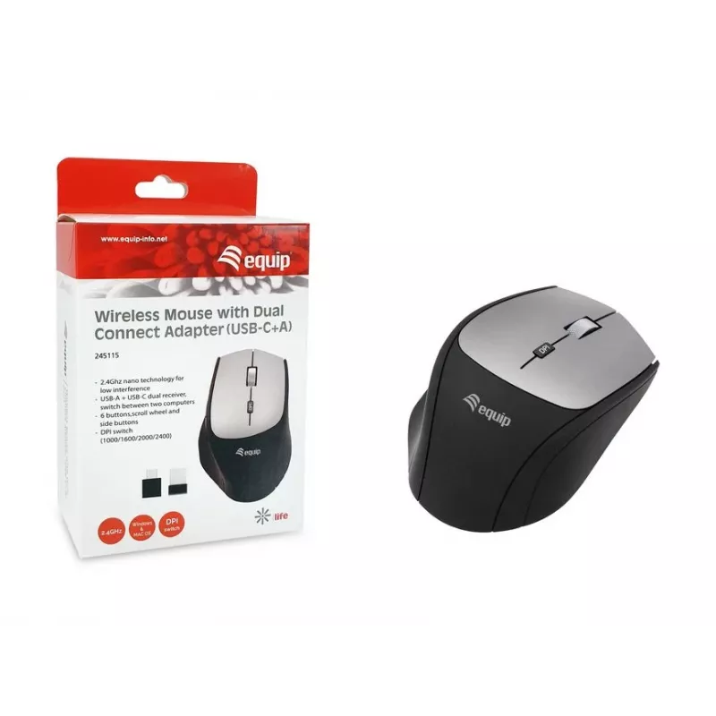 Equip 245115 Belaidė pelė su dvigubo ryšio adapteriu (USB-C+A)