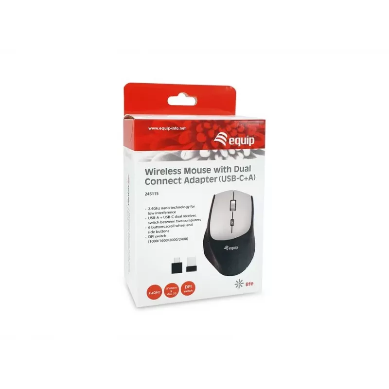 Equip 245115 Belaidė pelė su dvigubo ryšio adapteriu (USB-C+A)