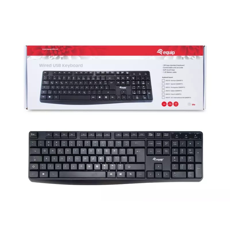Equip Wired USB klaviatūra, JAV/tarptautinis išdėstymas (QWERTY), pilno dydžio (100%), laidinė, USB, QWERTY, juoda