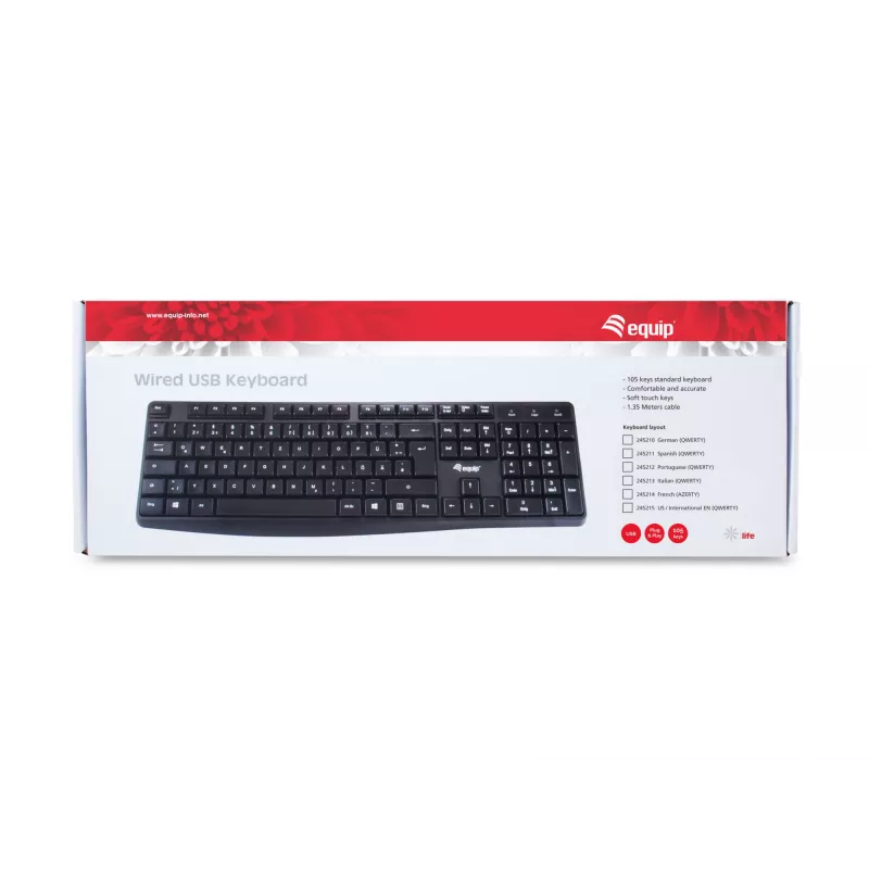 Equip Wired USB klaviatūra, JAV/tarptautinis išdėstymas (QWERTY), pilno dydžio (100%), laidinė, USB, QWERTY, juoda