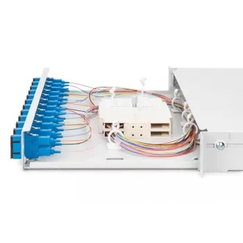 DIGITUS Fiber Optic Sliding Splice Box, 1U, su 12x SC duplex, M25 sraigtu, sujungimo kasete, spalvotais pigtailiais OS2, adapteriais