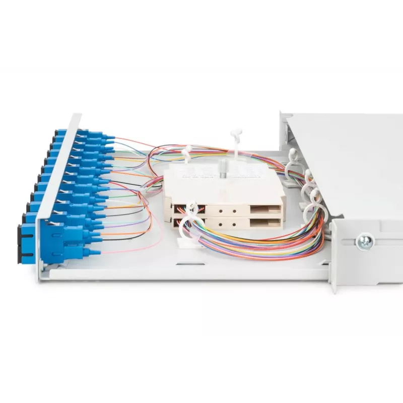 DIGITUS Fiber Optic Sliding Splice Box, 1U, su 12x SC duplex, M25 sraigtu, sujungimo kasete, spalvotais pigtailiais OS2, adapteriais