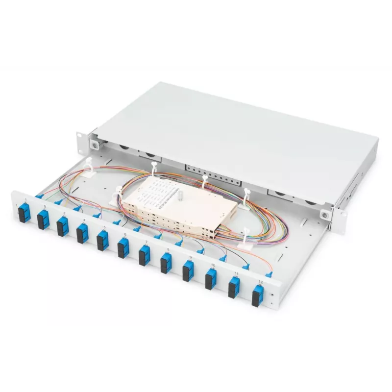 DIGITUS Fiber Optic Sliding Splice Box, 1U, su 12x SC duplex, M25 sraigtu, sujungimo kasete, spalvotais pigtailiais OS2, adapteriais