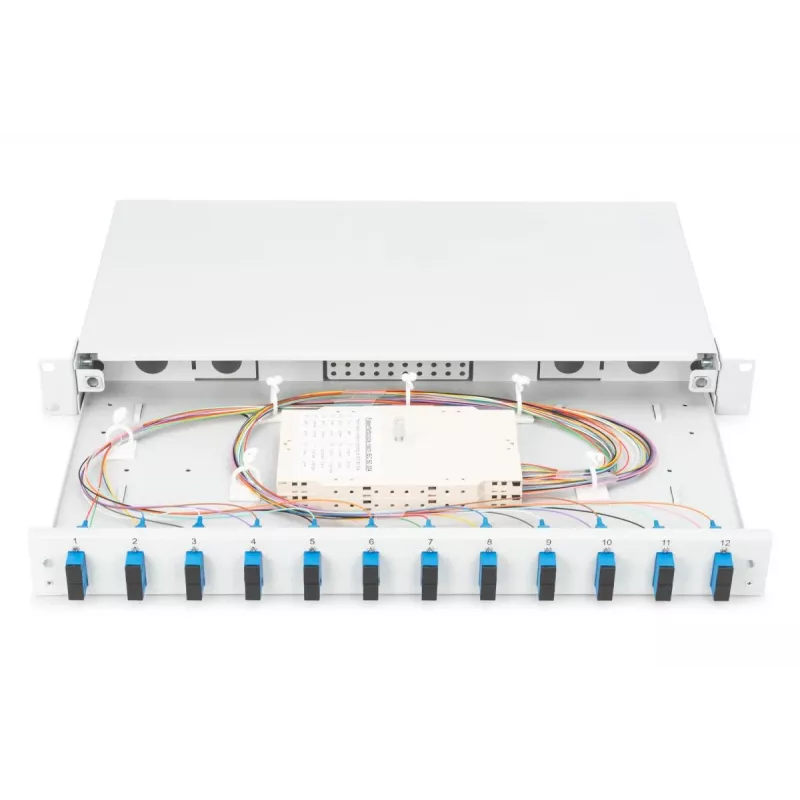 DIGITUS Fiber Optic Sliding Splice Box, 1U, su 12x SC duplex, M25 sraigtu, sujungimo kasete, spalvotais pigtailiais OS2, adapteriais