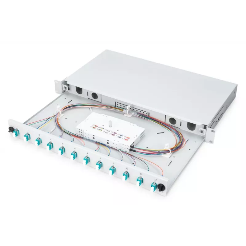 DIGITUS Skaidulinės optikos slankioji sujungimo dėžė, 1U, su 12x LC duplex, M25 varžtu, sujungimo kasetė OM3 spalvotais pigtailiais ir adapteriais