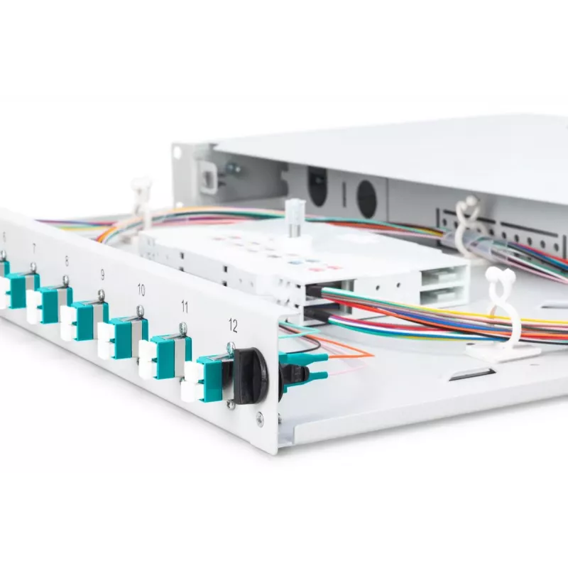 DIGITUS Skaidulinės optikos slankioji sujungimo dėžė, 1U, su 12x LC duplex, M25 varžtu, sujungimo kasetė OM3 spalvotais pigtailiais ir adapteriais