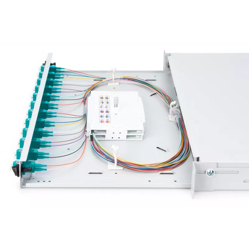 DIGITUS Skaidulinės optikos slankioji sujungimo dėžė, 1U, su 12x LC duplex, M25 varžtu, sujungimo kasetė OM3 spalvotais pigtailiais ir adapteriais