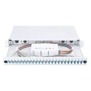 DIGITUS Skaidulinės optikos slankioji sujungimo dėžutė, 1U, su 24x LC duplekso adapteriais, M25 varžtu, sujungimo kasete, spalvotais pigtailiais OM4