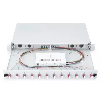 DIGITUS DN-96331-4 1U stumdomoji šviesolaidinė sujungimo dėžė, 12x LC duplex, su M25 sraigtu, sujungimo kasete, spalvotais pigtailiais OM4, adapteriais