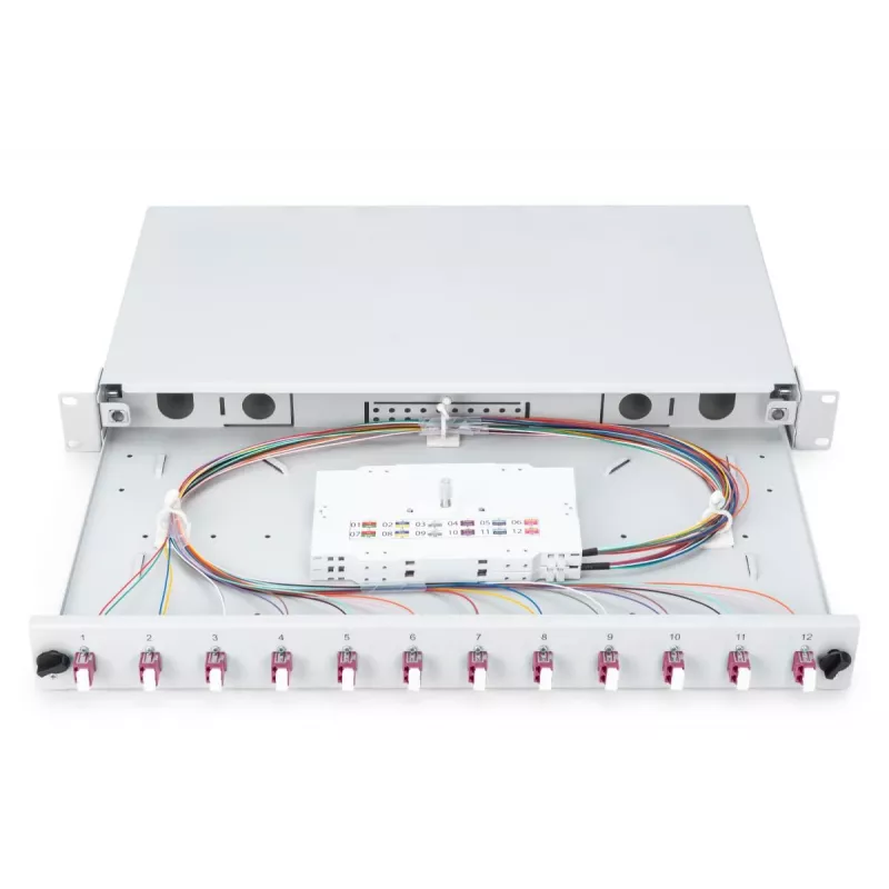 DIGITUS DN-96331-4 1U stumdomoji šviesolaidinė sujungimo dėžė, 12x LC duplex, su M25 sraigtu, sujungimo kasete, spalvotais pigtailiais OM4, adapteriais