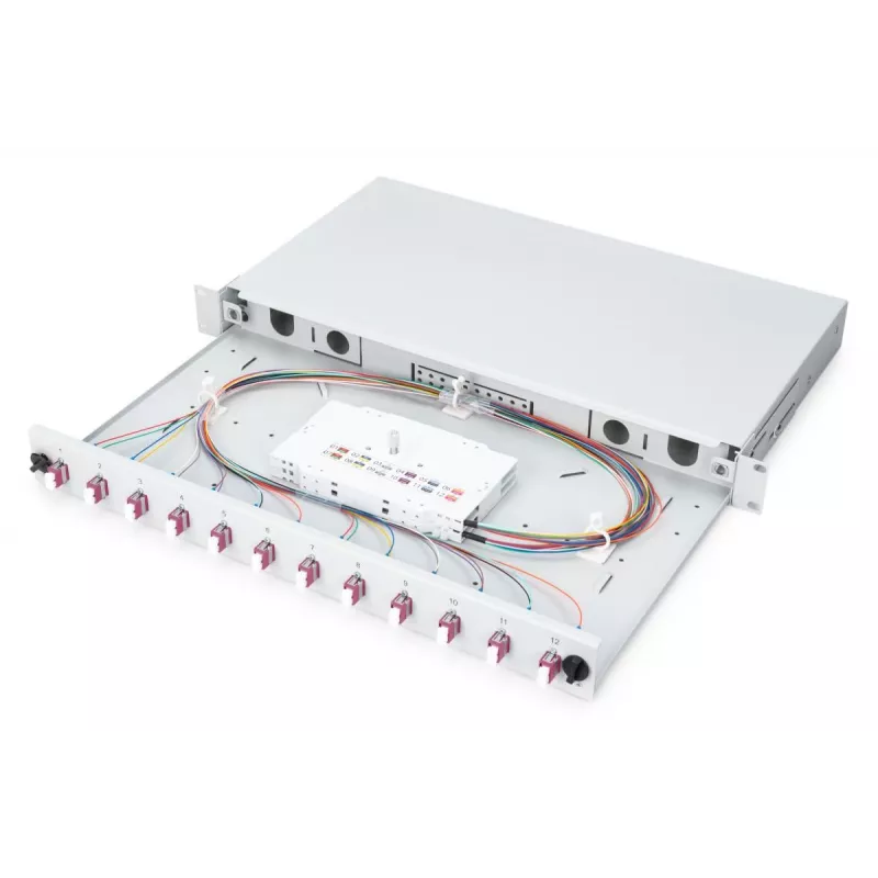 DIGITUS DN-96331-4 1U stumdomoji šviesolaidinė sujungimo dėžė, 12x LC duplex, su M25 sraigtu, sujungimo kasete, spalvotais pigtailiais OM4, adapteriais