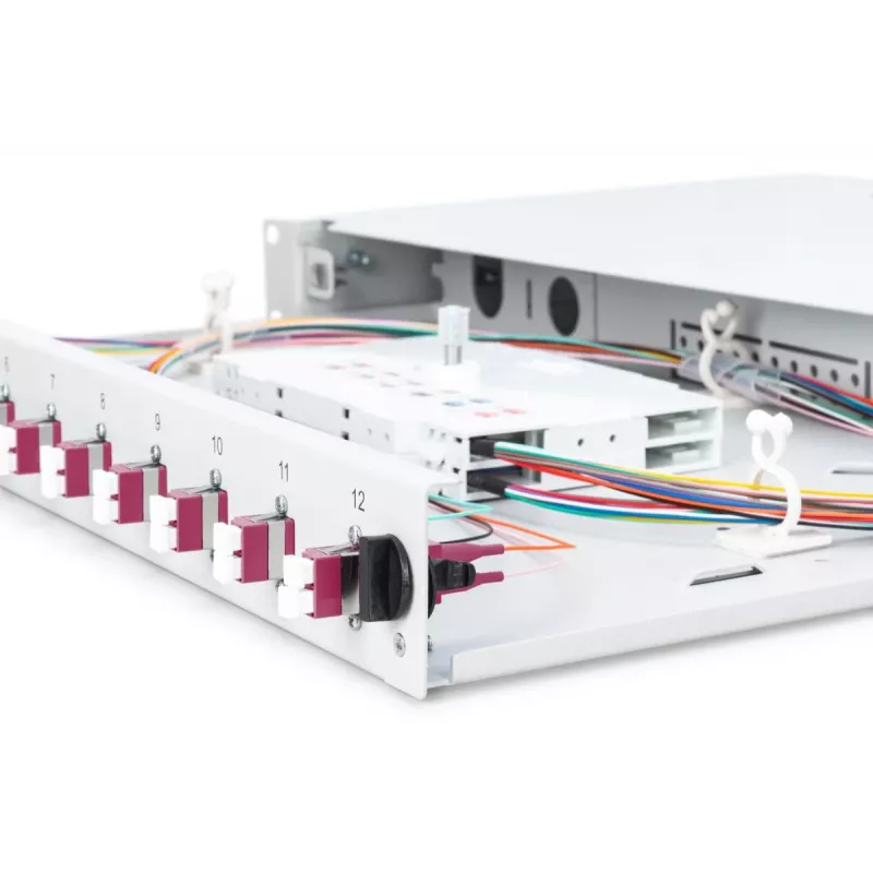 DIGITUS DN-96331-4 1U stumdomoji šviesolaidinė sujungimo dėžė, 12x LC duplex, su M25 sraigtu, sujungimo kasete, spalvotais pigtailiais OM4, adapteriais