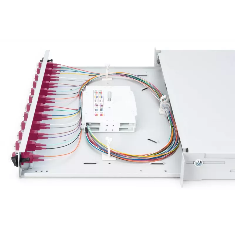 DIGITUS DN-96331-4 1U stumdomoji šviesolaidinė sujungimo dėžė, 12x LC duplex, su M25 sraigtu, sujungimo kasete, spalvotais pigtailiais OM4, adapteriais