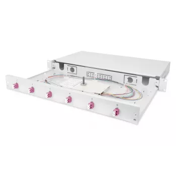 DIGITUS Fiber Optic Sliding Splice Box 1U, 6x LC Duplex, M25 sraigtas, Splice Cassette OM4 spalvoti pigtailai, adapteriai