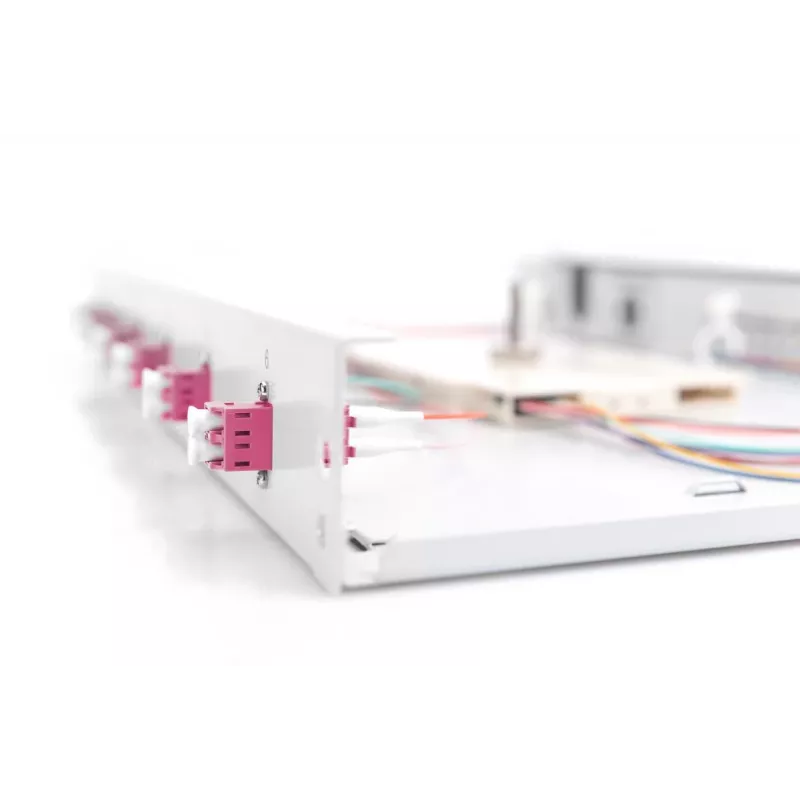 DIGITUS Fiber Optic Sliding Splice Box 1U, 6x LC Duplex, M25 sraigtas, Splice Cassette OM4 spalvoti pigtailai, adapteriai