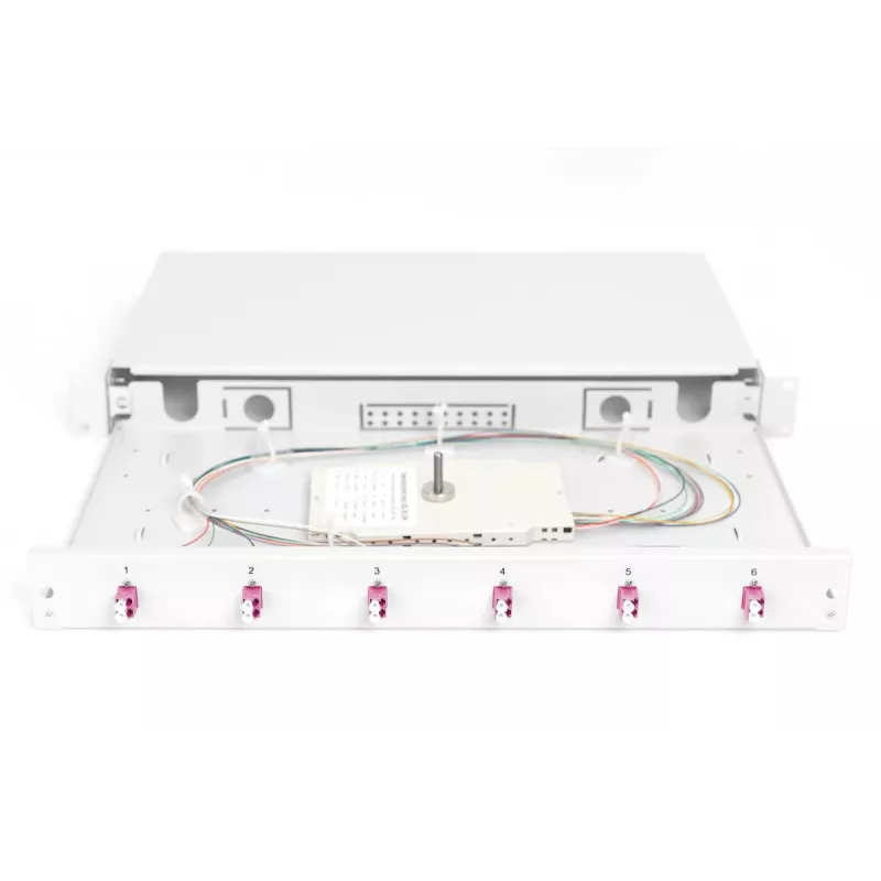 DIGITUS Fiber Optic Sliding Splice Box 1U, 6x LC Duplex, M25 sraigtas, Splice Cassette OM4 spalvoti pigtailai, adapteriai