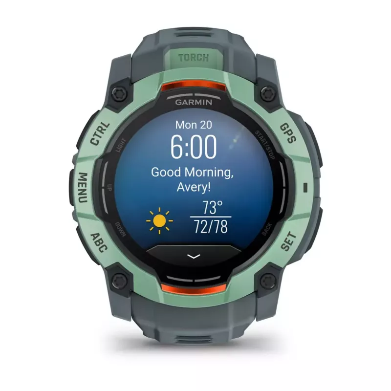 Išmanusis laikrodis GARMIN Instinct 3 AMOLED — 50 mm korpusas, AMOLED 1,3 colio, GPS/GLONASS/Galileo, 10 ATM, 24 dienų baterija