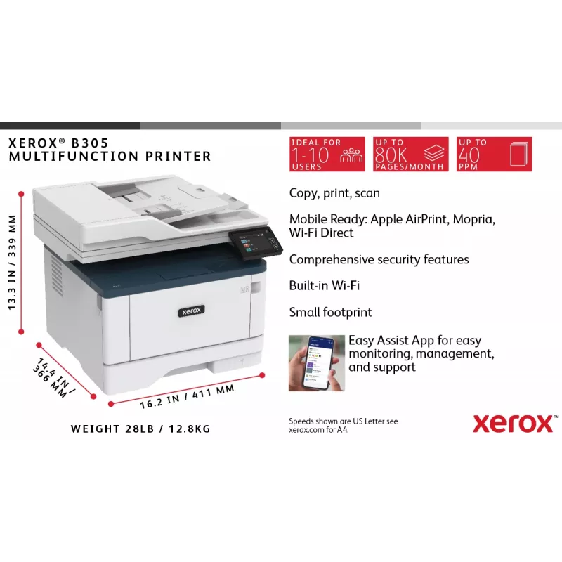 Daugiafunkcis spausdintuvas Xerox B305 A4 38ppm belaidis, automatinis dvipusis spausdinimas, kopijavimas, skenavimas, PS3, PCL5e/6, 2 padėklai, 350 lapų