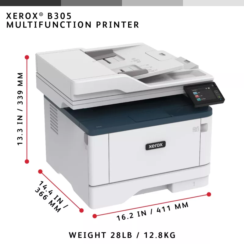 Daugiafunkcis spausdintuvas Xerox B305 A4 38ppm belaidis, automatinis dvipusis spausdinimas, kopijavimas, skenavimas, PS3, PCL5e/6, 2 padėklai, 350 lapų