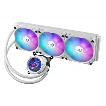 Vandens aušintuvas ASUS ROG Strix LC III 360 ARGB White Edition — 360 mm radiatorius, 3x 120 mm ventiliatoriai, LCD vandens blokas, PWM