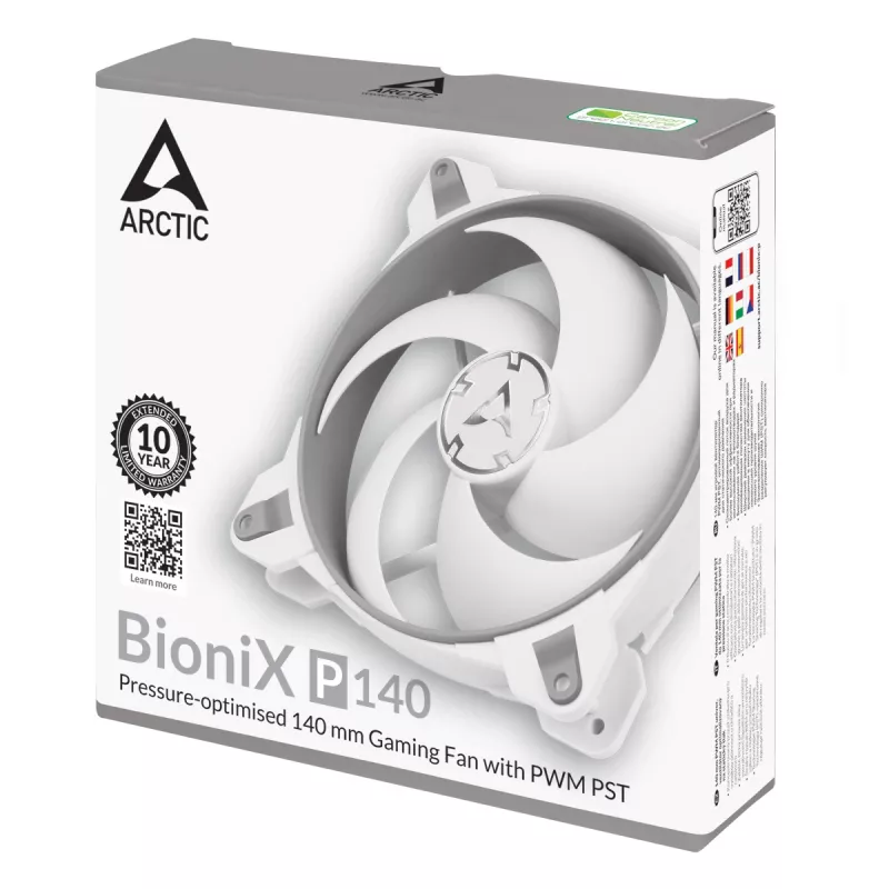 ARCTIC BioniX P140 (Pilka/Balta) – Slėgiui optimizuotas 140 mm žaidimų ventiliatorius su PWM PST
