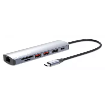 Manhattan USB-C Dock / Hub su kortelių skaitytuvu, 5 prievadai: Ethernet, HDMI, USB-A (x2) ir USB-C, su Power Delivery (PD) 100W