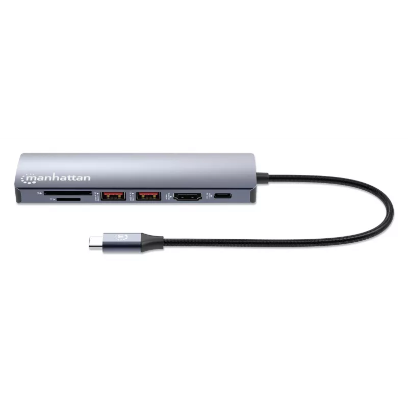 Manhattan USB-C Dock / Hub su kortelių skaitytuvu, 5 prievadai: Ethernet, HDMI, USB-A (x2) ir USB-C, su Power Delivery (PD) 100W