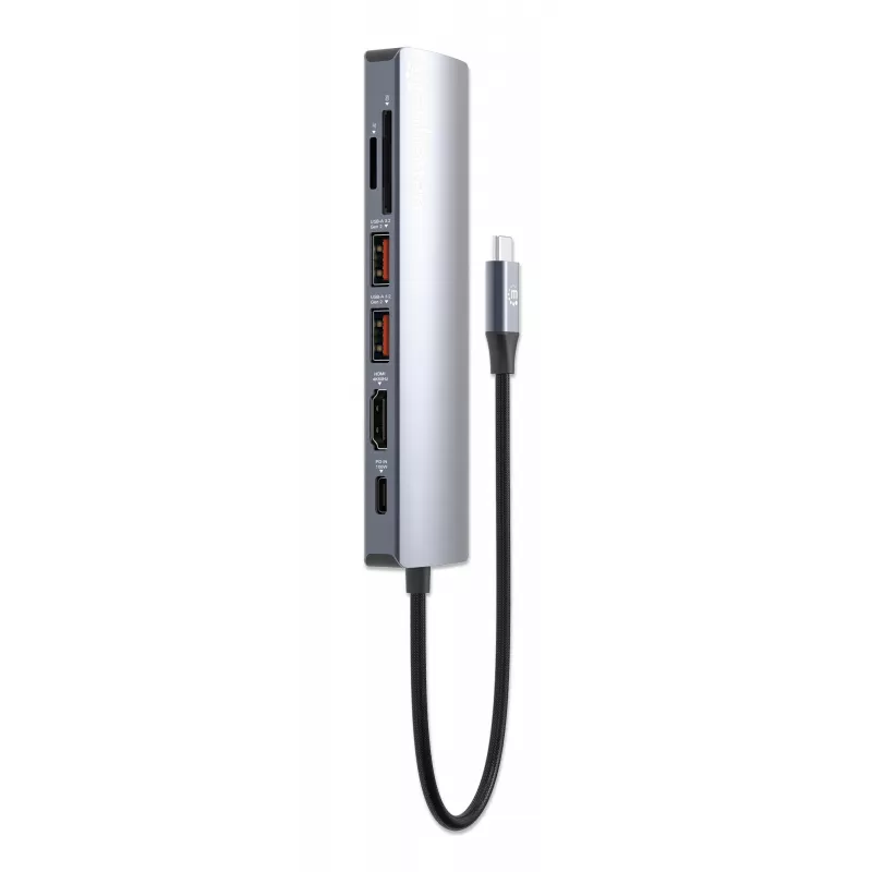 Manhattan USB-C Dock / Hub su kortelių skaitytuvu, 5 prievadai: Ethernet, HDMI, USB-A (x2) ir USB-C, su Power Delivery (PD) 100W