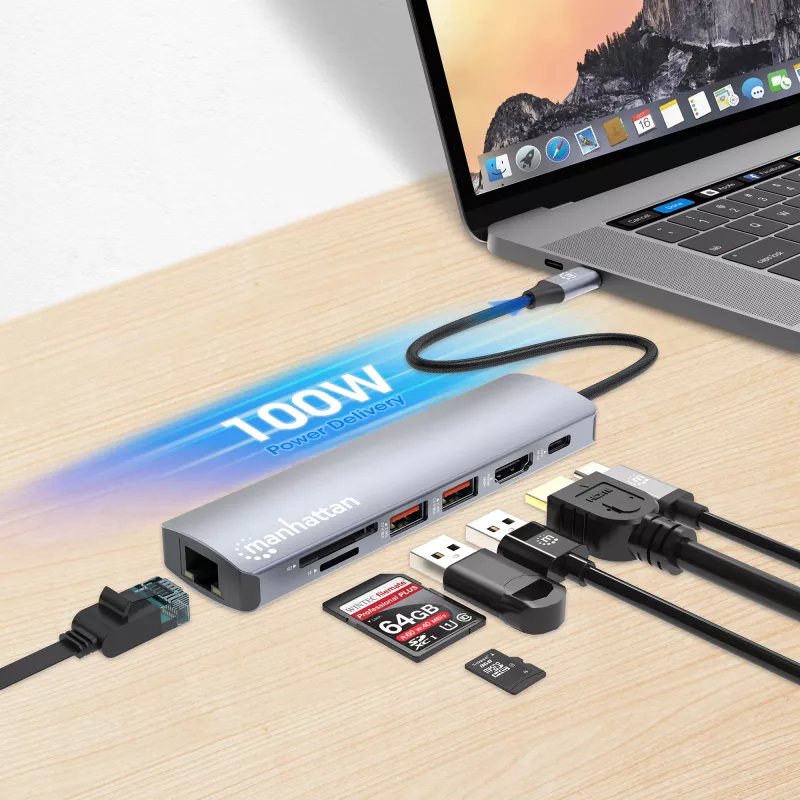 Manhattan USB-C Dock / Hub su kortelių skaitytuvu, 5 prievadai: Ethernet, HDMI, USB-A (x2) ir USB-C, su Power Delivery (PD) 100W