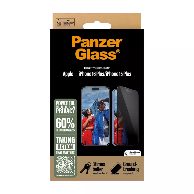 PanzerGlass® privatumo ekrano apsauga iPhone 16 Plus | 15 Plus | Ultra-Wide Fit su EasyAligner